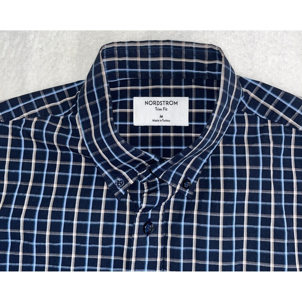 Nordstrom Shirt Men's Medium Blue Checkered Trim Fit Button Down Long Sleeve